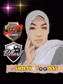 a woman wearing a hijab is standing in front of a sign that says sweety toopluss