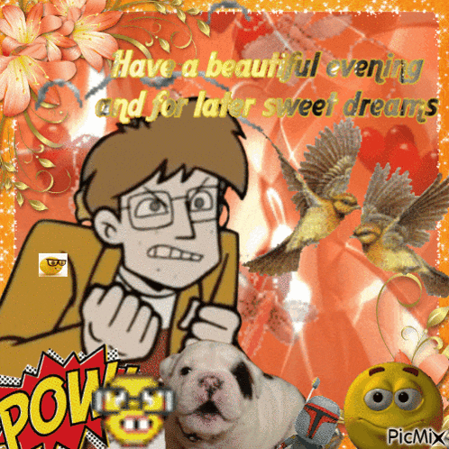 a cartoon of a man and a dog with the words have a beautiful evening and for later sweet dreams on it