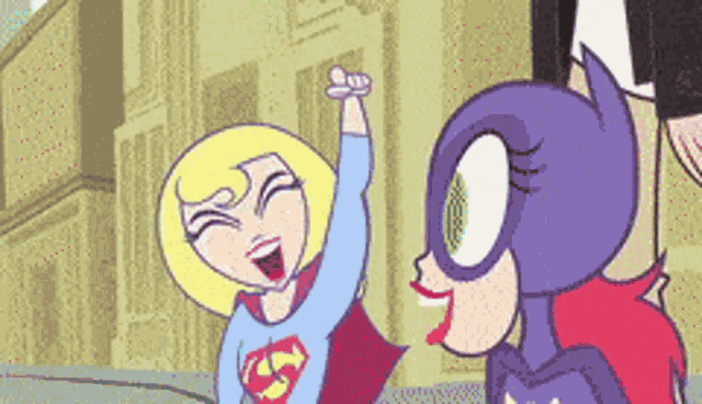 a cartoon of supergirl and batgirl are standing next to each other in front of a building
