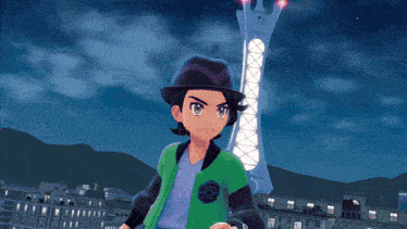 a boy in a green jacket is standing next to a blue pokemon