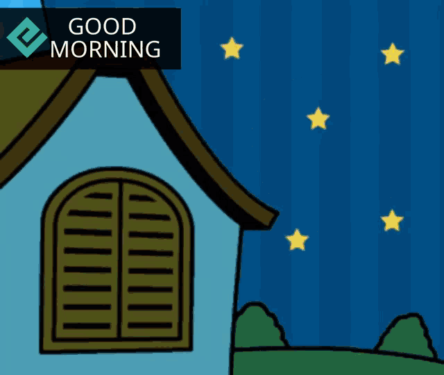 a cartoon drawing of a house and a yellow smiley face with the words good morning below it