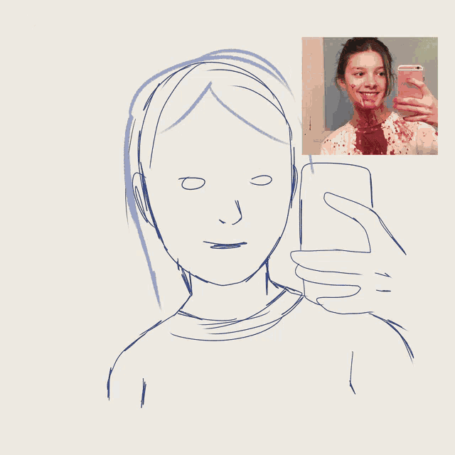 a drawing of a woman with blood on her face