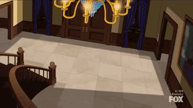a cartoon drawing of a hallway with a fox logo on the bottom