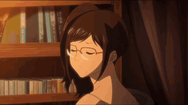 a girl wearing glasses is sitting in front of a bookshelf with books on it including one titled " a foreign language "