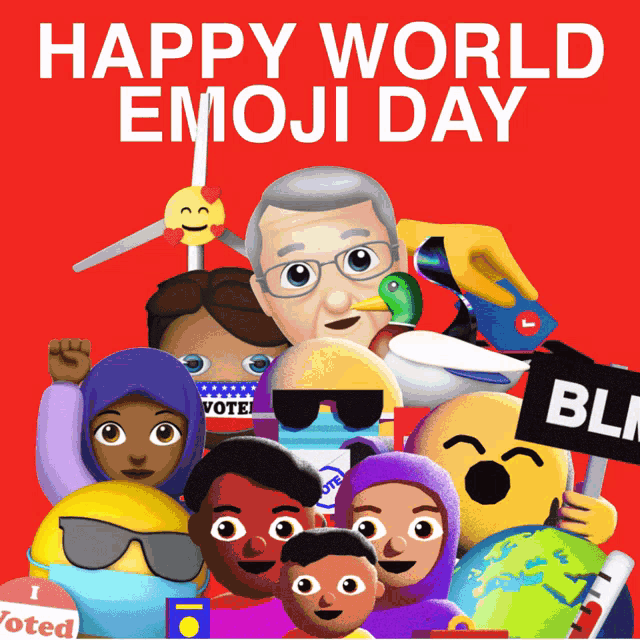 a happy world emoji day poster with a bunch of emojis on a red background