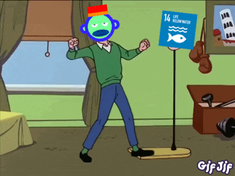 a cartoon of a man dancing with a sign that says 14 life below water