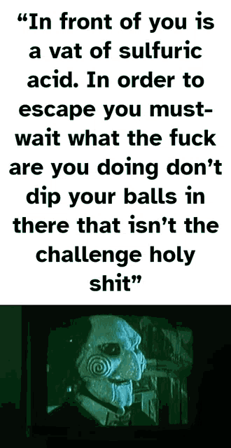 in front of you is a vat of sulfuric acid . in order to escape you must wait what the fuck are you doing