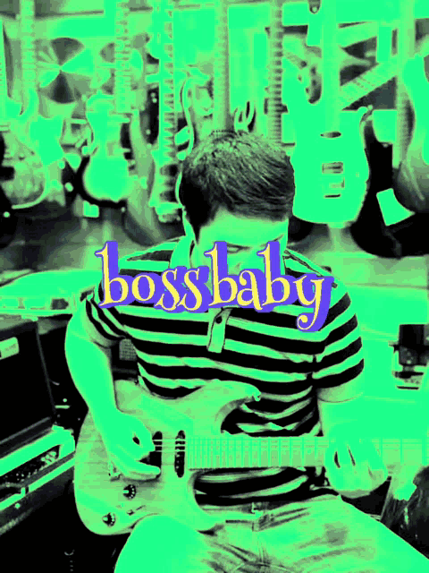 a man in a striped shirt is playing a guitar and the word bossbaby is visible above him