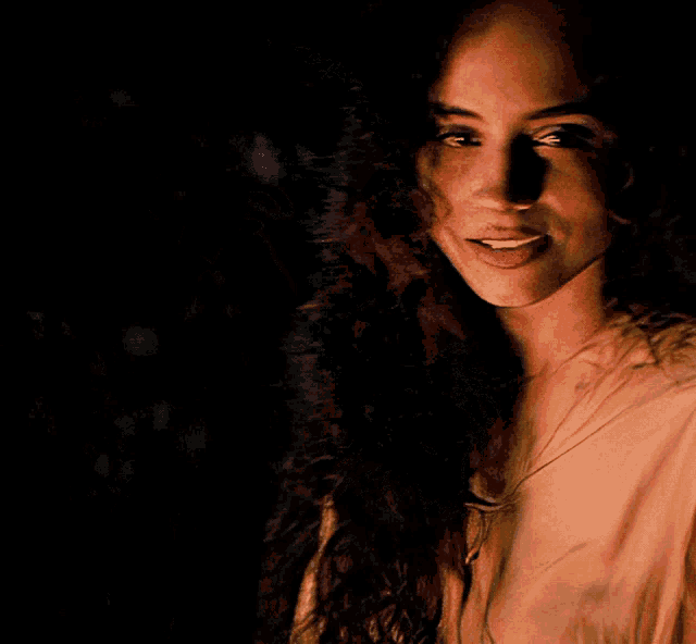 a woman with long hair looks at the camera in the dark