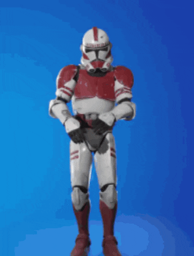 a stormtrooper from star wars is dancing in a video game against a blue background .