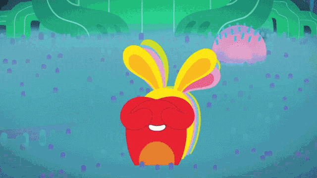a bunch of colorful cartoon rabbits are laying on top of each other