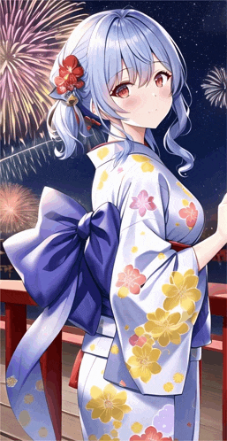 a girl in a kimono stands in front of a firework display