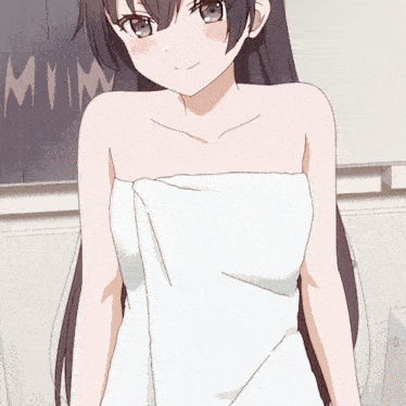 a girl wrapped in a white towel stands in front of a blackboard that says mmn