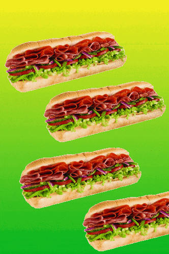 four sub sandwiches on a green background with a yellow and green gradient