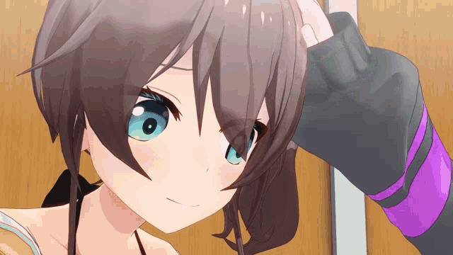 a girl with a ponytail and blue eyes holds her hand to her forehead