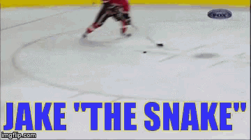 a hockey player is skating on the ice with the words " jake the snake " above him
