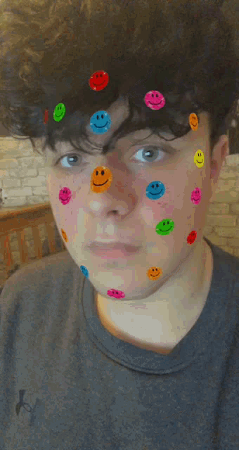 a person with smiley faces on their face wearing a grey shirt