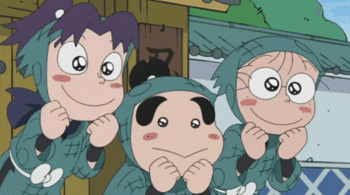 a group of cartoon characters standing in front of a building with a sign that says ' ninja ' on it