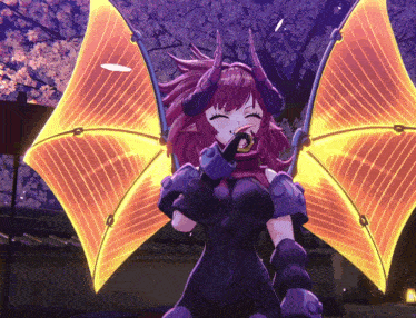 a purple and yellow anime character with wings