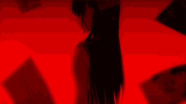 a drawing of a woman in a dark room with a red background that says ' i 'm sorry '