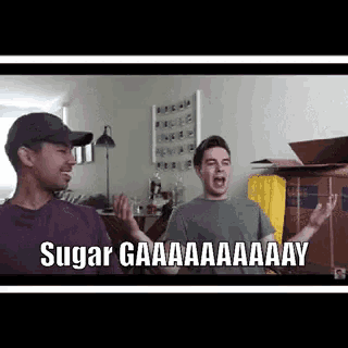 two men are standing next to each other in a living room and one of them is screaming .