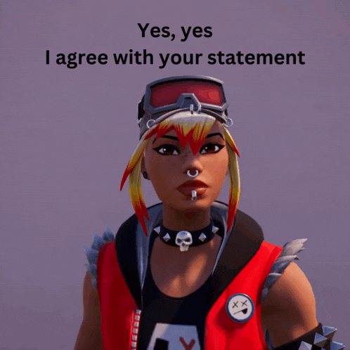 a woman in a red vest and goggles says yes yes i agree with your statement on a purple background