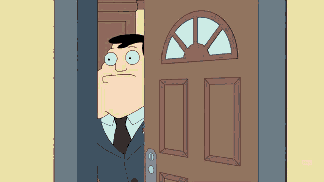 a cartoon of a man in a suit and tie peeking out of a door that says cbs on the bottom