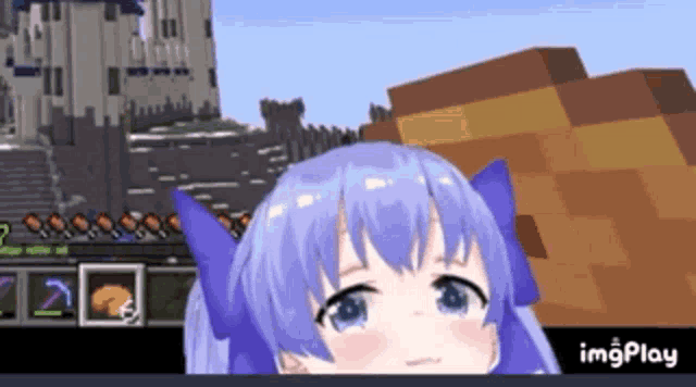 a girl with purple hair is in a video game with a castle in the background