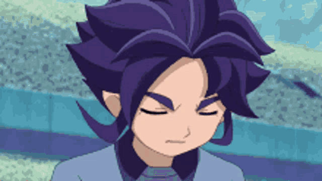 a cartoon character with purple hair is making a funny face