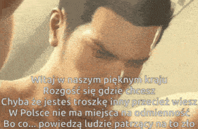 a close up of a man 's face with foreign text below it