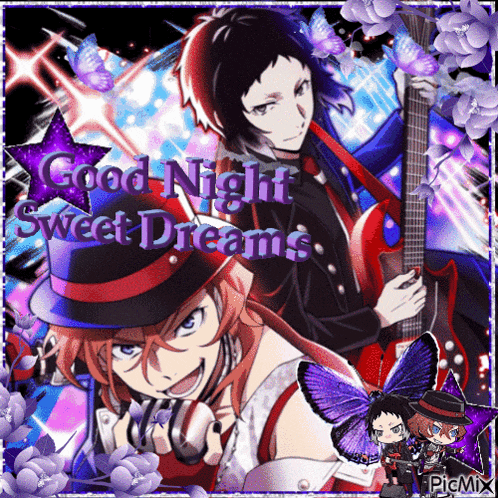 a picture of a man holding a guitar and a woman holding headphones says good night sweet dreams