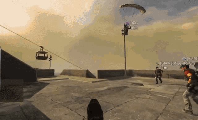 a screenshot of a video game shows a parachute being used by a player named tucki