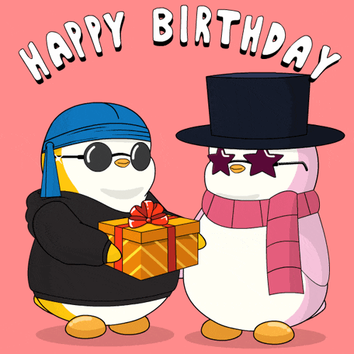 two penguins standing next to each other with the words happy birthday written above them