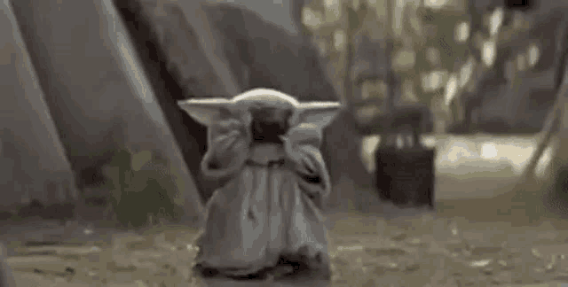 a baby yoda is standing on a dirt road in the woods holding a cell phone .