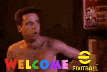 a shirtless man is standing in front of a sign that says " welcome football "