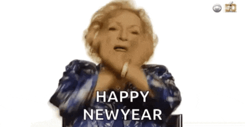 an elderly woman in a blue jacket is saying happy newyear .