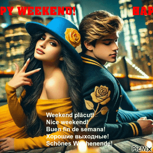 a picture of a man and a woman with the words py weekend on the top