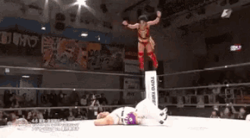a woman is standing on top of a wrestling ring post .