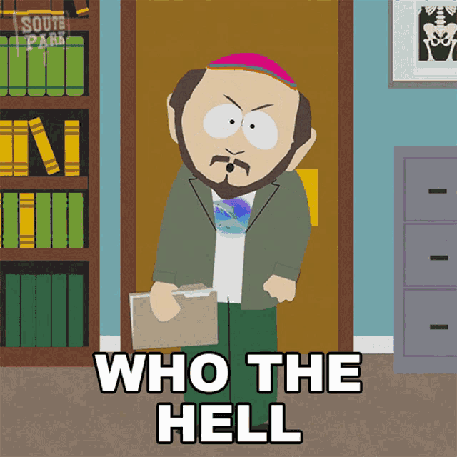 a cartoon of a man holding a folder with the words " who the hell " below him