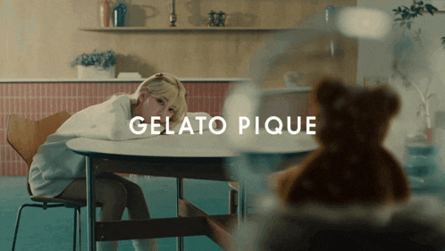 a woman sits at a table with the word gelato pique on the bottom