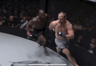 two men are fighting in a boxing ring and one is wearing gloves