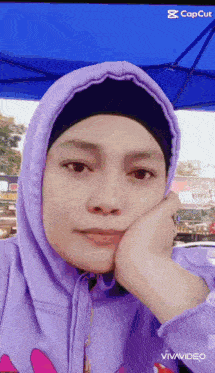 a woman wearing a purple hoodie and a black head scarf is taking a selfie .