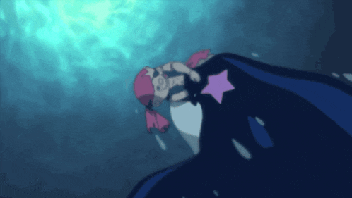 a girl with pink hair and a pink star on her back is swimming in the ocean