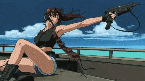 a cartoon of a woman holding a gun with the number 77 on the barrel