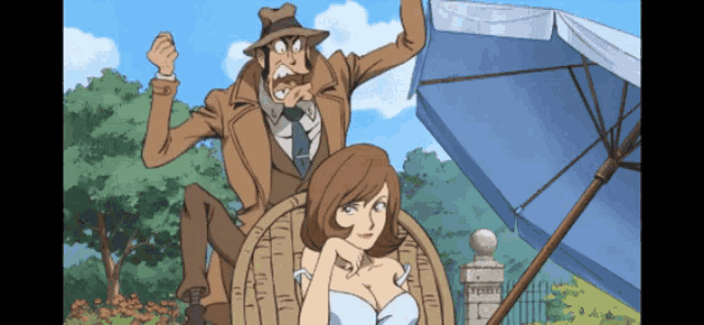 a cartoon drawing of a man and a woman sitting under an umbrella