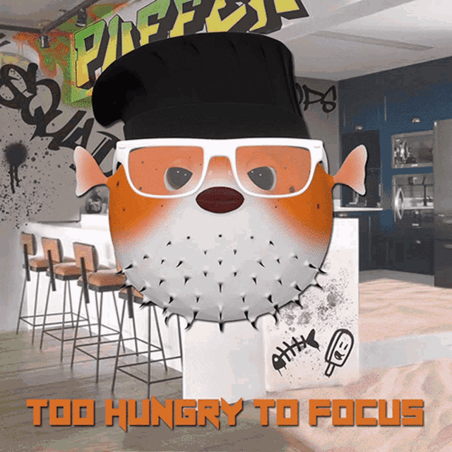 a fish wearing sunglasses and a chef 's hat has the words too hungry to focus below it