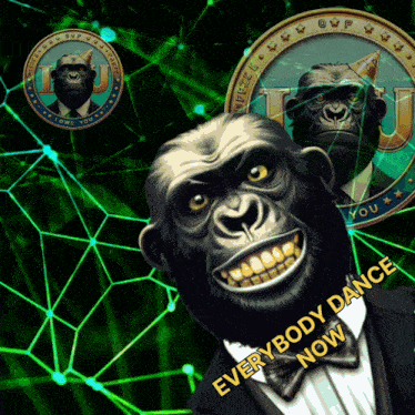 a picture of a chimpanzee in a tuxedo with the words everybody dance now on the bottom