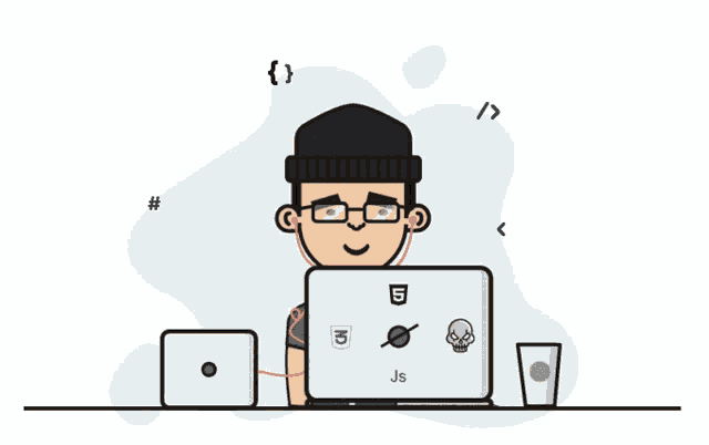 a cartoon of a man sitting in front of a laptop with a sticker that says js