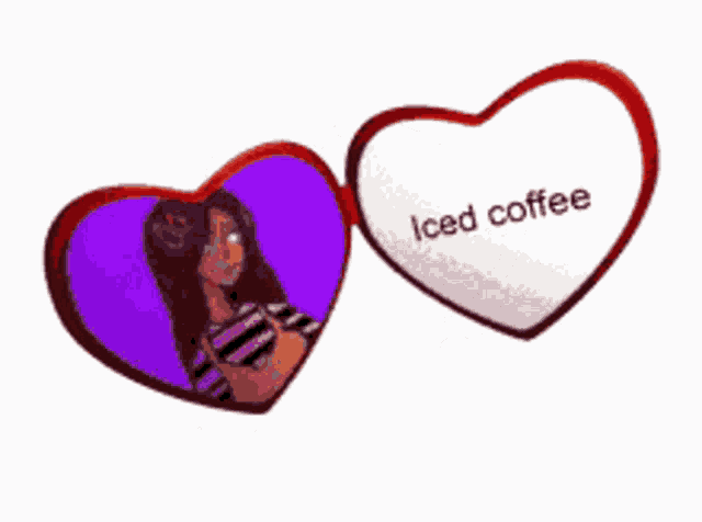 a heart shaped mirror with a picture of a girl and the words iced coffee