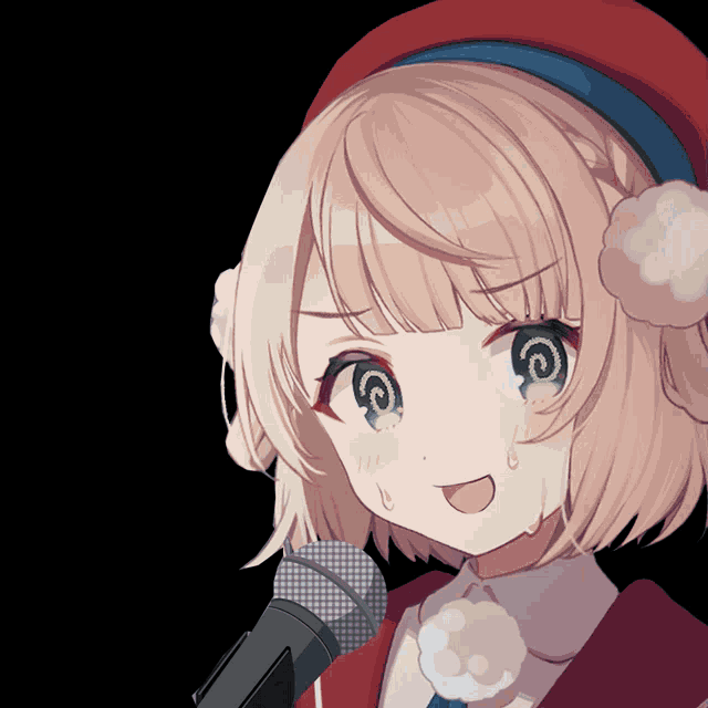 a close up of a girl holding a microphone with a surprised look on her face